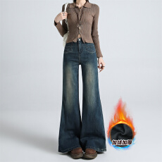 批发复古蓝弹力加绒加厚高腰微喇牛仔<b class='q'>裤</b>女25年冬季爆款保暖百搭拖地<b class='q'>裤</b>