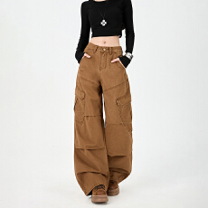 批发潮酷工<b class='q'>装</b><b class='q'>裤</b>休闲阔腿牛仔<b class='q'>裤</b>女廓形宽松贴袋纯棉松弛感褶皱个性时尚