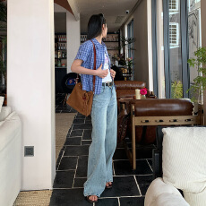 批发【大理日志】25SS新款复古高腰压皱水洗蓝高腰直筒拖地牛仔<b class='q'>裤</b>女