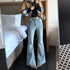 批发浅色<b class='q'>烫钻</b>高腰微喇<b class='q'>牛仔裤</b>女2026年春季新款韩版百搭修身显瘦喇叭裤