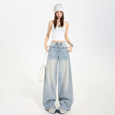 批发2026年春装新款水洗磨白 猫须做旧 高腰显瘦 休闲百搭 阔<b class='q'>腿</b>直筒<b class='q'>裤</b>