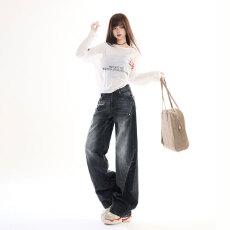 批发2026年美式复古做旧 擦***须多工艺 高腰宽松百搭 直筒阔腿弯刀裤