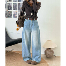 批发<b class='q'>韩版</b>气质百搭阔腿牛仔<b class='q'>裤</b>女2026年春季新款百搭显瘦高腰休闲弯刀<b class='q'>裤</b>