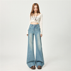 批发早春新款高腰双扣收腹微喇裤微阔宽松<b class='q'>弹力</b>修身复古拼接喇叭牛仔女