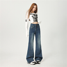 批发早春新款高腰双扣收腹微喇裤微阔宽松<b class='q'>弹力</b>修身复古拼接喇叭牛仔女