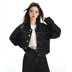 批发黑金色翻领单排扣短款牛仔服女2026春季新款防褪色宽松气质百搭