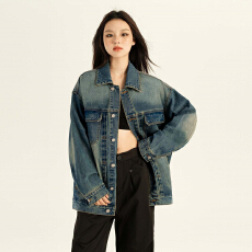 批发深蓝色翻领做旧时尚单排扣女士牛仔服2026春季新款宽松休闲百搭