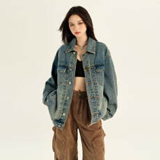 批发浅蓝色翻领做旧时尚单排扣女士牛仔服2026年春季新款宽松休闲百搭