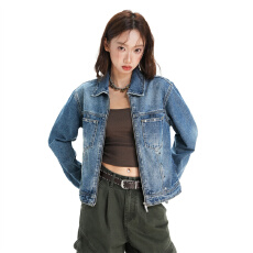 批发蓝色美式休闲翻领拉链款牛仔服女2026春新款修身正肩oversize夹克