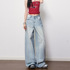 批发浅蓝色直筒肌理感高腰阔腿牛仔裤女2026春季新款不贴腿质感拖地裤