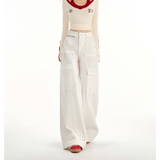 批发米<b class='q'>白色</b>美式工装阔腿<b class='q'>牛仔裤</b>女2026春季新款多口袋宽松显瘦阔腿裤