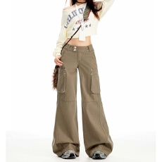 批发咖色纯棉休闲微辣双扣工<b class='q'>装</b>牛仔裤<b class='q'>女</b>2026年春<b class='q'>装</b>新款宽松垂感阔腿<b class='q'>裤</b>