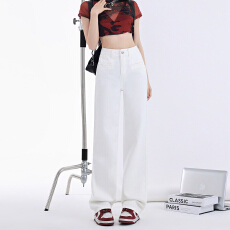 批发纯白色美式高腰窄版直筒修身牛仔<b class='q'>裤</b>女2026春新遮胯显瘦垂感拖地<b class='q'>裤</b>