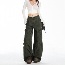 批发军绿色阔腿褶皱多口袋垂感工<b class='q'>装</b>牛仔<b class='q'>裤</b>女26年春季新款慵懒潮流百搭