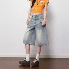 批发美式复古双腰头<b class='q'>七分</b>牛仔裤女2026春季新款做旧水洗宽松阔腿中裤
