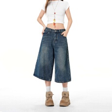 批发复古蓝高腰复古<b class='q'>七分</b>牛仔裤女2026年春夏新款直筒宽松显瘦百搭中裤