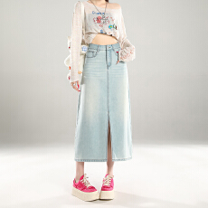 批发开叉牛仔<b class='q'>半身</b>裙新款<b class='q'>包臀</b>中<b class='q'>长裙女</b>2027年清新浅蓝春夏高腰A版垂顺