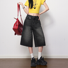 批发黑灰色复古做旧高腰阔腿牛仔裤女2026春夏新款质感休闲显瘦七分裤