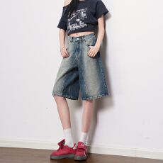 批发美式复古做旧拼接水洗牛仔裤女2026年春夏新款韩系直筒宽松五分裤