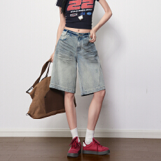 批发浅蓝色美式中腰压褶工艺牛仔裤女2026春夏新款宽松显瘦百搭五分裤