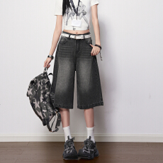 批发黑灰色美式高腰翻盖口袋设计牛仔裤女2026春夏新款宽松休闲七分裤