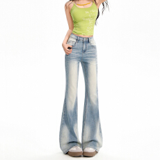 批发浅蓝色美式磨白水洗弹力<b class='q'>牛仔裤</b>女2026春夏新款高腰显瘦潮流喇叭裤