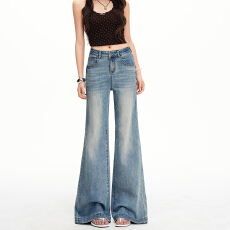 批发浅蓝色高腰弹力做旧微喇<b class='q'>牛仔裤</b>女2026春夏新款显瘦垂感质感喇叭裤