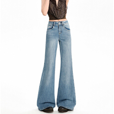 批发浅蓝色弹力高腰微喇<b class='q'>牛仔裤</b>女2026年春夏新款宽松不贴腿慵懒拖地裤