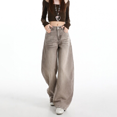 批发2026春季新款浅咖色设计感高腰宽松<b class='q'>牛仔裤</b>直筒阔腿拖地<b class='q'>牛仔裤</b>女