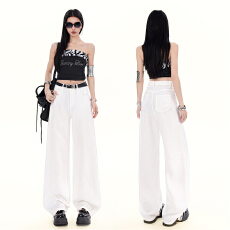 批发100天丝莱赛尔冰丝YKK<b class='q'>牛仔</b>裤女纯白凉感垂顺透气轻肤宽松白色阔腿