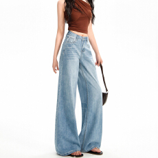 批发浅蓝色韩系风高腰阔腿<b class='q'>牛仔</b>裤女2026年夏季薄款垂感显瘦显高直筒裤