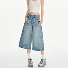 批发米白色高腰七分休闲<b class='q'>牛仔</b>裤女2026夏季薄款宽松直筒显瘦百搭七分裤