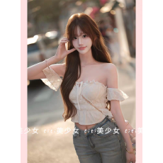 批发一字肩小飞袖白色衬衫女夏款法式修身收腰衬衣设计感<b class='q'>甜美</b>百搭上衣