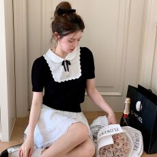批发娃娃领蝴蝶结短袖针织衫T恤女2026夏季新款法式MIU系<b class='q'>甜美</b>减龄上衣