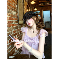 批发紫色纯欲荷叶边系带吊带背心女夏季法式温柔甜美宽松显瘦短款上衣