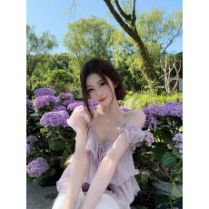 批发紫色纯欲荷叶边系带吊带背心女夏季法式温柔甜美宽松显瘦短款上衣