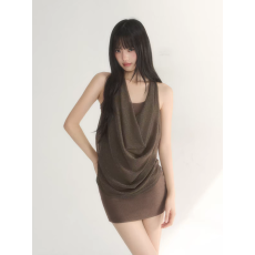 批发纯欲气质荡领挂脖露背背心<b class='q'>连衣裙</b>小个子辣妹皱褶收腰无袖包臀短裙