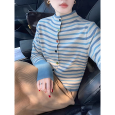 批发蓝灰撞色条纹半高领条纹打底针织开衫女2026早秋季巨好看高级上衣