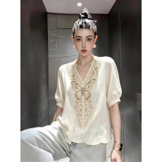 批发法式时尚独特漂亮气质小衫蝴蝶刺绣洋气<b class='q'>衬衫女</b>设计感小众V领<b class='q'>短袖</b>