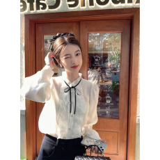 批发法式复古宫廷系带小香风蝴蝶结衬衫女春秋温柔木耳边长袖<b class='q'>雪纺上衣</b>