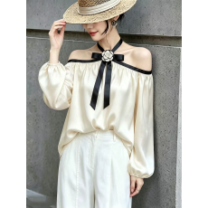 批发法式高级感挂脖露肩<b class='q'>长袖</b><b class='q'>衬衫</b>女秋季新款独特气质宽松百搭休闲上衣