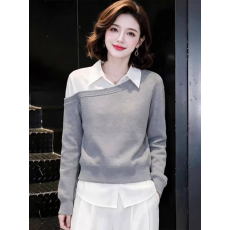 批发灰色假两件翻领拼接设计感宽松长袖2026秋季女装新款百搭气质上衣