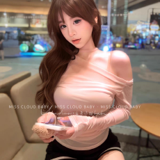 批发性感纯欲风露肩网纱长袖T恤女<b class='q'>春</b>秋新款修身显瘦辣妹气质斜肩上衣