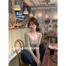 批发纯欲风气质甜辣妹修身条纹长袖T恤女秋季新款收腰显瘦内搭<b class='q'>打底</b>衫
