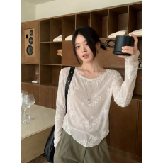 批发法式温柔风立体花朵长袖T恤女早秋薄款雪纺小衫超仙打底衫上衣
