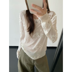 批发法式温柔风立体花朵长袖T恤女早秋薄款雪纺小衫超仙打底衫上衣