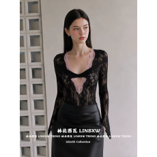 批发纯欲撞色蕾丝上衣<b class='q'>女</b>春秋内搭扭结镂空透视修身短款辣妹长袖打底衫