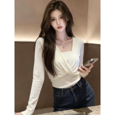 批发设计感短款长袖T恤内搭抹胸叠穿上衣女早秋修身打底衫杏色两件套