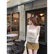 批发设计感短款长袖T恤内搭抹胸叠穿上衣女早秋修身打底衫杏色两件套