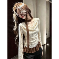 批发设计感不规则荡领晕染印花<b class='q'>长袖</b>T恤女秋褶皱修身显瘦蕾丝拼接上衣